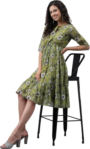 Miniatura 3 de Janasya Vestido acampanado con estampado floral de lúrex de gasa verde oliva para mujer india