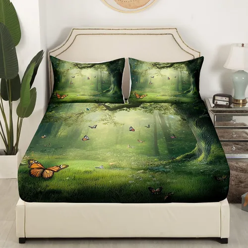 Miniatura 3 de Juego de sábanas bajeras de selva tamaño individual, diseño de mariposas de ensueño, para niños, niños, ramas de árbol, juego de decoración de cama