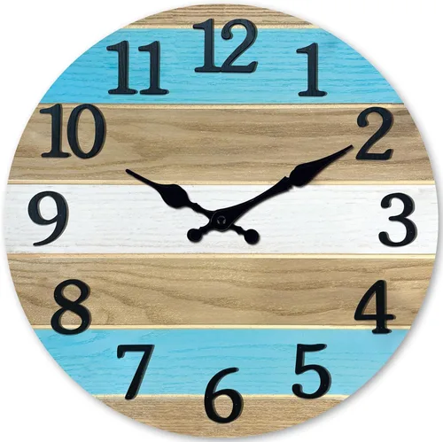 Miniatura 8 de Reloj de pared de madera maciza azul para sala de estar, estilo granja, reloj de pared redondo de 12 pulgadas, funciona con pilas, silencioso