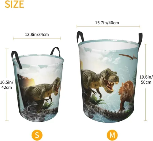 Miniatura 5 de Cesta de lavandería de dinosaurio 3D con asa duradera, impermeable, plegable, cesta de almacenamiento de ropa sucia circular para baño, dormitorio