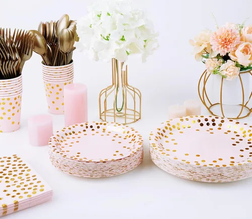 Miniatura 7 de Suministros de fiesta rosa y dorado, juego de vajilla desechable de 350 piezas, platos de papel rosa, servilletas, vasos, tenedores de plástico Rosa