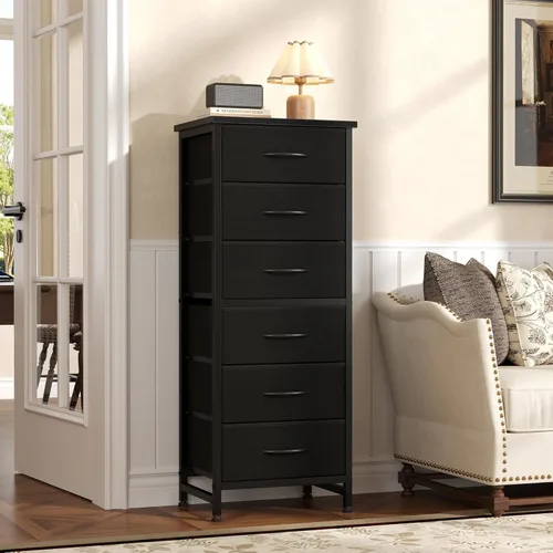 Miniatura 2 de Sweetcrispy Cómoda alta de tela para dormitorio, cómoda delgada de 6 cajones, torre de almacenamiento estrecha con parte superior de madera y marco