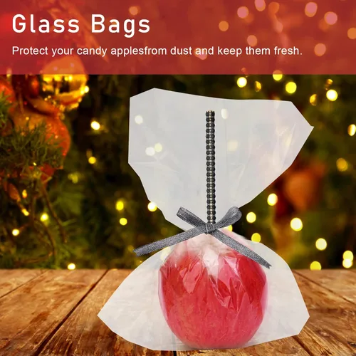 Miniatura 4 de Kit de 24 palos para caramelo de manzana, 24 palos brillantes para manzana con pedrería de rinestone de madera con 24 bolsas/ 25 yardas de cinta