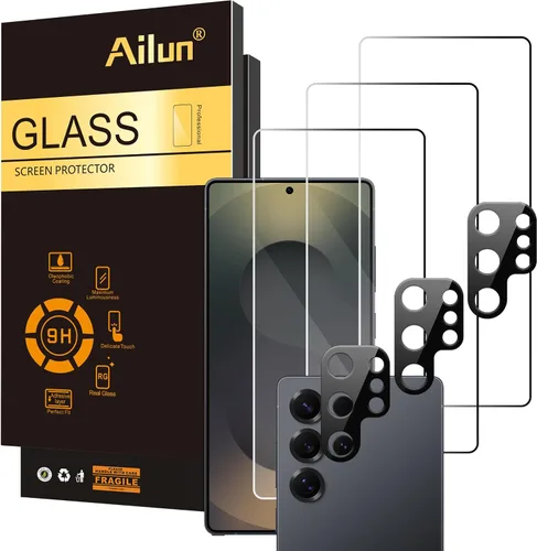 Ailun Protector de Pantalla de Vidrio para Galaxy S25 Ultra [6.9 Pulgadas] 3Pack + 3Pack Lente de Cámara de Vidrio Templado Desbloqueo por Huella
