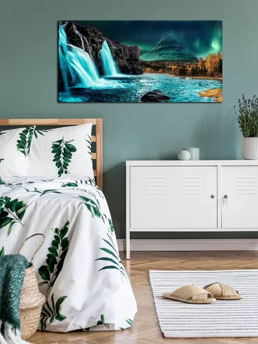 Miniatura 3 de Lienzo grande para pared de sala de estar, cuadros de cascada para pared, decoración de pared verde azulado, listo para colgar, tamaño 40 x 20 Verde