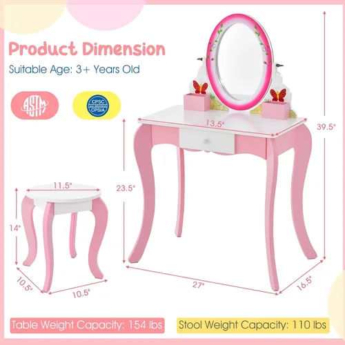 Miniatura 7 de Costzon Vanity - Juego de tocador para niñas con espejo y taburete, cajón, rejillas de almacenamiento, tocador 2 en 1, tocador de maquillaje, mesa