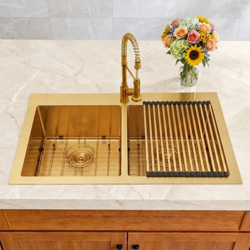 Miniatura 2 de Fregadero de Cocina Dorado 33" X 22", Fregaderos de Cocina de Doble Tazón, Montaje Superior/Empotrable Fregadero Doble de Acero Inoxidable Calibre 16