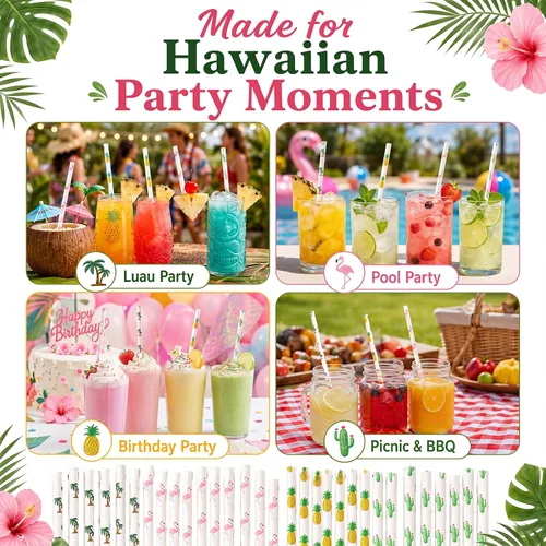 Miniatura 5 de ALINK Paquete de 100 pajitas de papel tropicales – Pajitas biodegradables de 7.75 pulgadas para fiesta de Hawaii con diseños de flamenco, piña