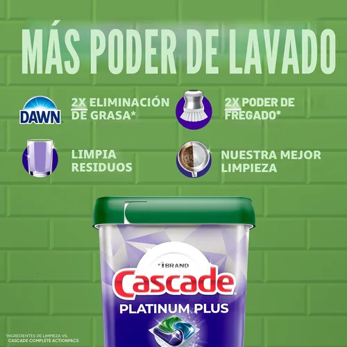 Miniatura 3 de Cascade Platinum Plus Cápsulas para lavavajillas, detergente para lavavajillas, jabón detergente para platos, limón, 47