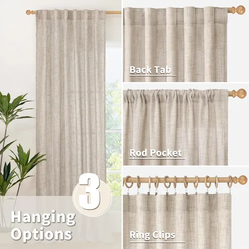 Miniatura 5 de YoungsTex Cortina de lino, natural, ventana, cocina, semitraslúcida, corta, bolsillo de barra, pestaña trasera, filtra la luz, texturizada, sala
