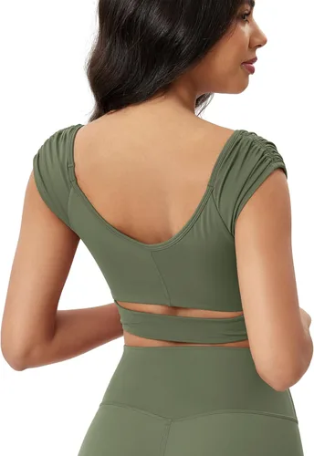 Miniatura 11 de ODODOS Camiseta corta sin mangas con cuello en V y frente fruncido para mujer, recortada en la espalda, manga casquillo