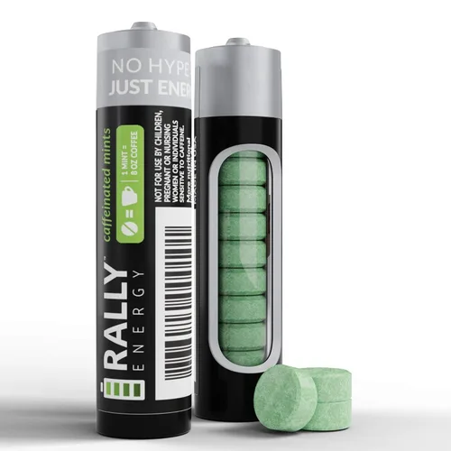 Mentas de cafeína de Rally, 60 miligramos de cafeína, energía instantánea, mentas con cafeína de aliento fresco, 0 azúcar, menta y sabor natural de