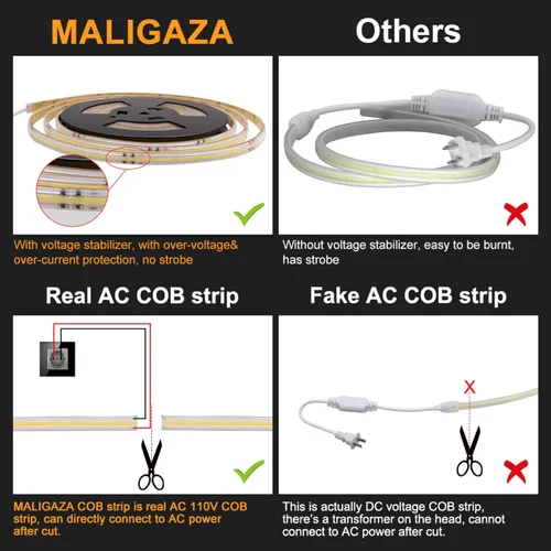 Miniatura 5 de Tira de luces LED COB de 110 V, 32.8 pies, IP67, impermeable, blanco frío, súper brillante, regulable, cinta LED cortable, cuerda de neón flexible