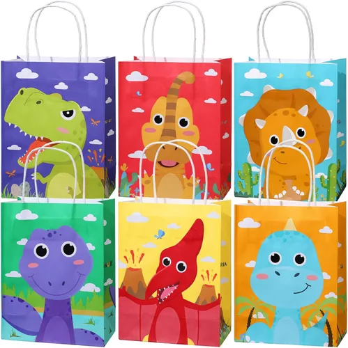 Pajean 24 bolsas de caramelos de dinosaurio con asa, bolsas de papel de recuerdo de fiesta de dinosaurios, regalos para niños, envoltura de