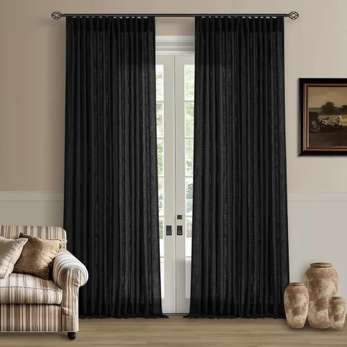 Miniatura 201 de Cortinas de lino natural con pliegues fruncidos de 120 pulgadas de largo para sala de estar, cortinas plisadas con ganchos y lengüeta trasera