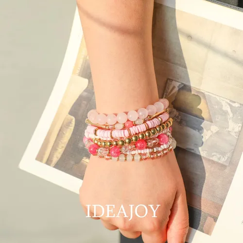 Miniatura 5 de IDEAJOY Pulseras rosas bohemias de cuentas de varias capas apilables, conjunto de 8 piezas de hebra elástica versátil con cuentas brillantes