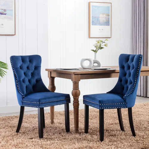 Miniatura 2 de Virabit Juego de 2 sillas de comedor de terciopelo con respaldo de cabeza de clavo y ribete de anillo, sillas de comedor tapizadas para Azul