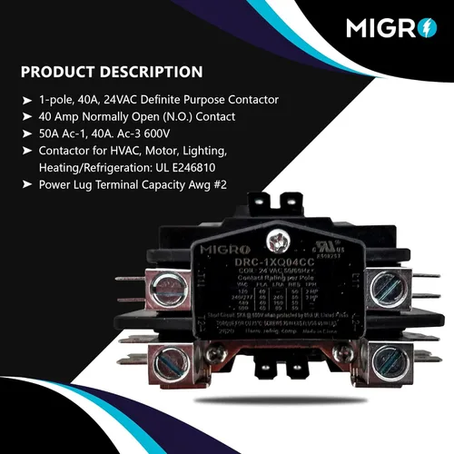 Miniatura 2 de Migro Contactor de CA resistente de 2 polos y 40 amperios que reemplaza prácticamente todos los modelos residenciales de 2 polos