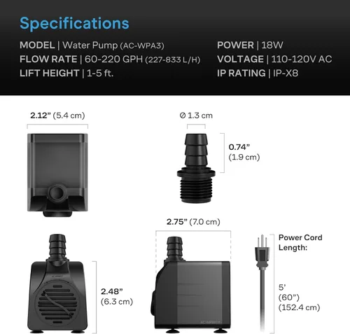 Miniatura 7 de AC Infinity Bomba de agua sumergible de 220 GPH (833 L/H, 18 W), bomba de fuente ultra silenciosa con elevación de 5 pies de alto, cable