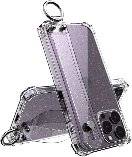 Miniatura 11 de Funda con purpurina con correa de mano compatible con iPhone 13 de 6.1 pulgadas, funda transparente brillante con correa de muñeca ajustable soporte