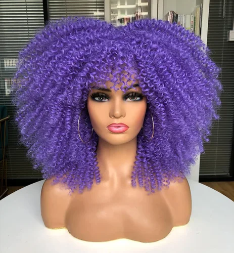 Miniatura 16 de Sweece - Peluca afro larga y rizada con flequillo para mujeres negras, peluca de cabello rizado de 17 pulgadas (17 pulgadas, negro)