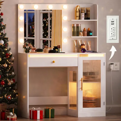Escritorio de tocador de 35.4 pulgadas con espejo y luces, escritorio de maquillaje con luces de 3 colores, tocador blanco transparente con 3