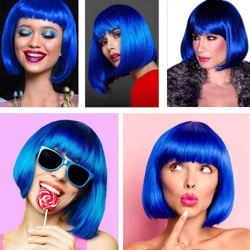 Miniatura 6 de Peluca azul Bob con flequillo de 12 pulgadas, peluca azul real corta de fibra sintética Bob para mujer, pelucas cortas Bob y peluca de cosplay