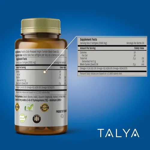 Miniatura 5 de TALYA Softgel de aceite de semilla negra con alta timoquinona - Apoyo inmunológico - Salud digestiva - Función cerebral - Movilidad articular