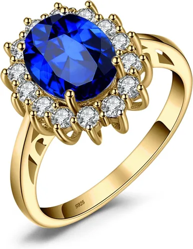 JewelryPalace Anillos de compromiso y aniversario estilo princesa Diana, Kate Middleton, piedra natal de zafiro y halo, 14 quilates, chapado en oro