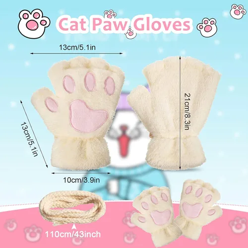 Miniatura 3 de Guantes de pata de gato, 3 pares de guantes kawaii, patas de gato, cosplay, piel sintética, guantes de gato, patas de león, guantes sin dedos