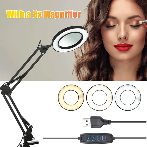 Miniatura 3 de Lámpara de aumento con abrazadera, 8 lámparas de lupa, 3 colores y 10 brillantes, lámpara LED de lupa ajustable de 19 pulgadas, lámpara de brazo