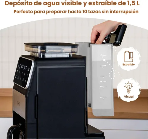 Miniatura 7 de Gevi Cafetera de goteo de 10 tazas con molinillo integrado, máquina de café combinada de moler y preparar rebabas con pantalla táctil, programable