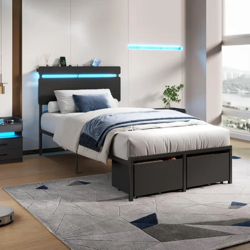 Miniatura 6 de Forestell - Marcos de cama individual con cabecera de madera, cama plataforma negra con 2 cajones de almacenamiento y estante, estación de carga