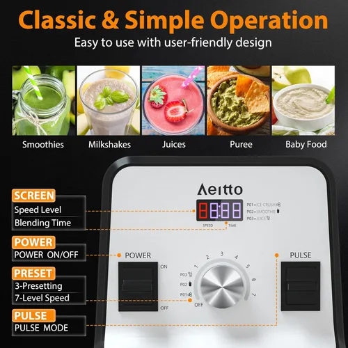 Miniatura 3 de Aeitto Licuadora para cocina, licuadora profesional de gran capacidad de 68 onzas, licuadora de batidos de 1500 vatios para triturar hielo, bebidas