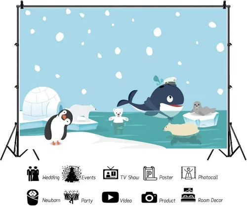 Miniatura 2 de Renaiss Telón de fondo de pingüino de dibujos animados de 5 x 3 pies para fotografía, lindo animal, oso, cueva de hielo, copo de nieve de invierno