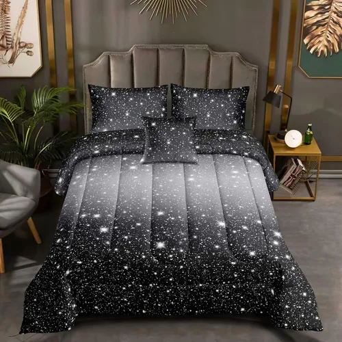 Miniatura 2 de ROWADALO DJTGB5001Twin - Juego de edredón de 5 piezas con purpurina gris y negro, tamaño individual, juego de ropa de cama de cielo estrellado