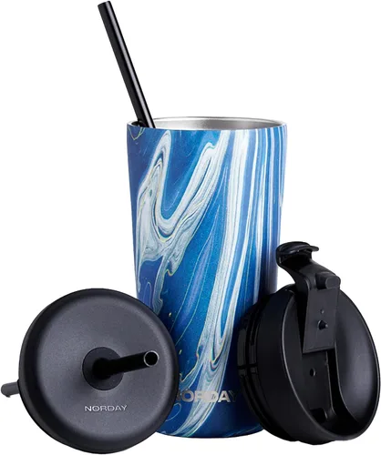 NORDAY Vaso con tapa y popote - Bloom 20oz - Vaso aislado azul dorado - Vasos de acero inoxidable - Taza de café de viaje de doble pared - Dorado