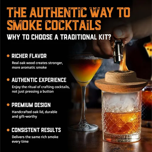 Miniatura 3 de Kit Ahumador de Cócteles de Whisky con Soplete, Jarabe Old Fashioned y Virutas de Madera de 8 Sabores - Ahumador Premium de Roble de EE.UU. - Kit