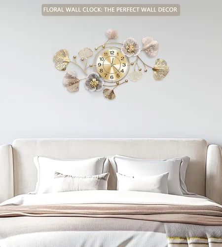 Miniatura 3 de Relojes para sala de estar, reloj de pared grande, reloj de pared silencioso 3D, diseño retro de hoja de ginkgo de metal, para dormitorio, cocina