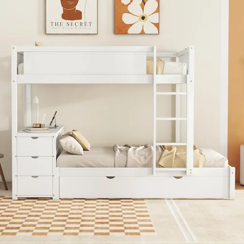 Miniatura 7 de Litera de tamaño matrimonial con escritorio debajo de la cama, cama nido de tamaño individual y cajones de almacenamiento, no necesita somier Blanco