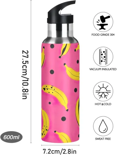 Miniatura 9 de Stainless Steel Water Bottle 20 Oz, Leakproof Water Bottles for Gym Outdoor Travel School, Yellow Bananas Black Dots