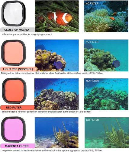 Miniatura 5 de SOONSUN Paquete de 4 filtros de buceo para GoPro Hero 11, 10, 9, 8, carcasa impermeable oficial, rojo, rojo claro, magenta, 5 filtros macro