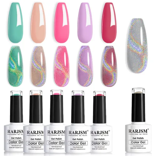 Miniatura 12 de RARJSM Juego de esmaltes de gel holográfico, color verde turquesa, kit de esmalte de uñas de gel con purpurina, colección de verano, 6