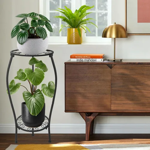Miniatura 3 de Soporte de metal para plantas de 2 niveles para interiores y exteriores, estante alto para macetas, soporte de esquina estable a prueba de óxido