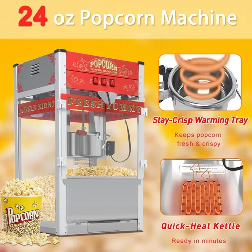 Miniatura 3 de Máquina comercial de palomitas de maíz con carrito y ruedas, máquina para hacer palomitas de maíz con hervidor de acero inoxidable de 24 onzas, Rojo