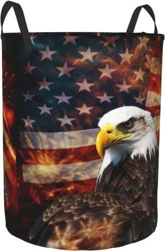 Miniatura 2 de American Flag Fire Eagle print Circular Hamper Waterproof Storage Bin Organizer Basket Laundry Hamper With Handles For Clothes Toys Small
