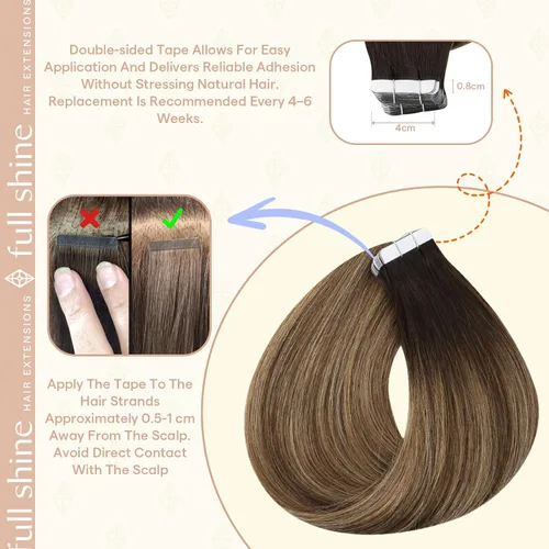 Miniatura 4 de Full Shine - Extensiones adhesivas de cabello humano Remy, 18 pulgadas, color 2 que se funde a rubio caramelo 3 y 27, balayage, 1.76 oz, 20