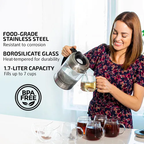Miniatura 2 de OVENTE Hervidor eléctrico con vidrio de borosilicato de 1.7 L, hervidor de agua instantáneo de 1500 W y calentador para café o té, libre de BPA