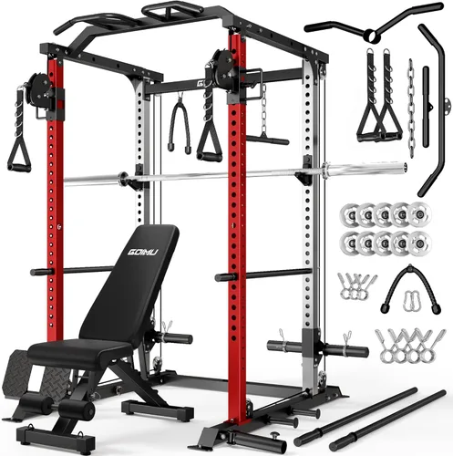 Miniatura 20 de DP01 - Jaula de potencia, estante para sentadillas de 2000 libras con cable cruzado y sistema de polea doble independiente, jaula completa para Rojo