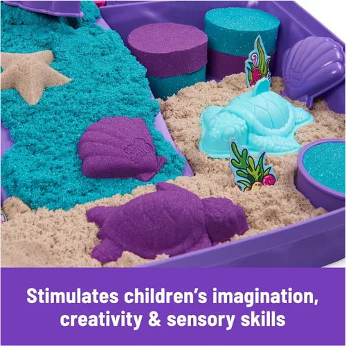 Miniatura 6 de Kinetic Sand, Juego de palacio de sirena con caja de arena plegable de 0,93 kg de arena de juego (morado neón, verde azulado brillante y playa)